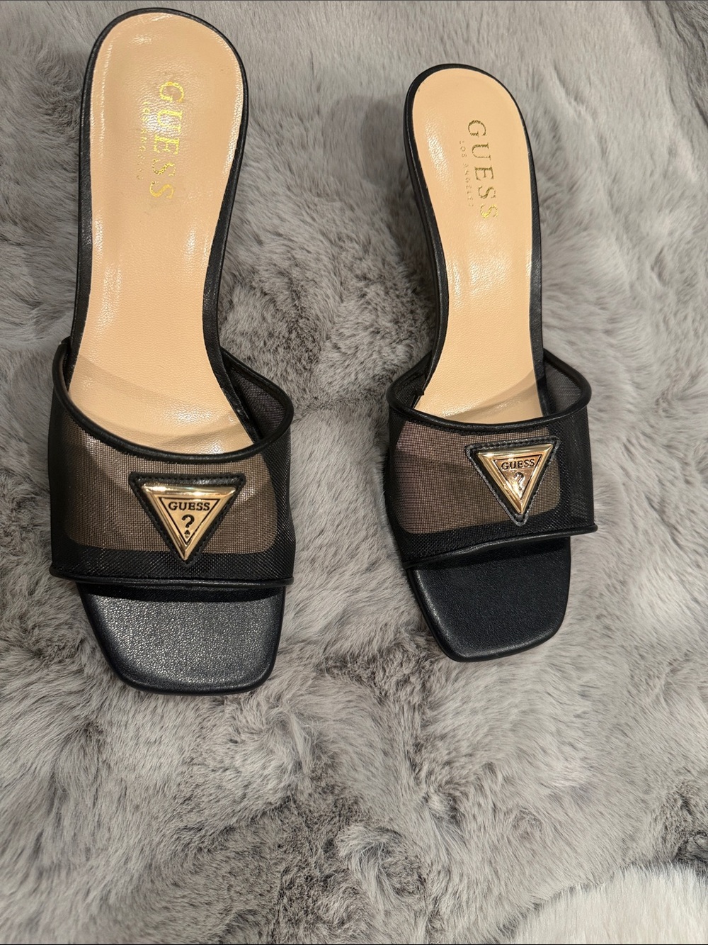 GUESS Dista Black Mesh Slide Sandals Heels Triangle Logo 7.5 Like New